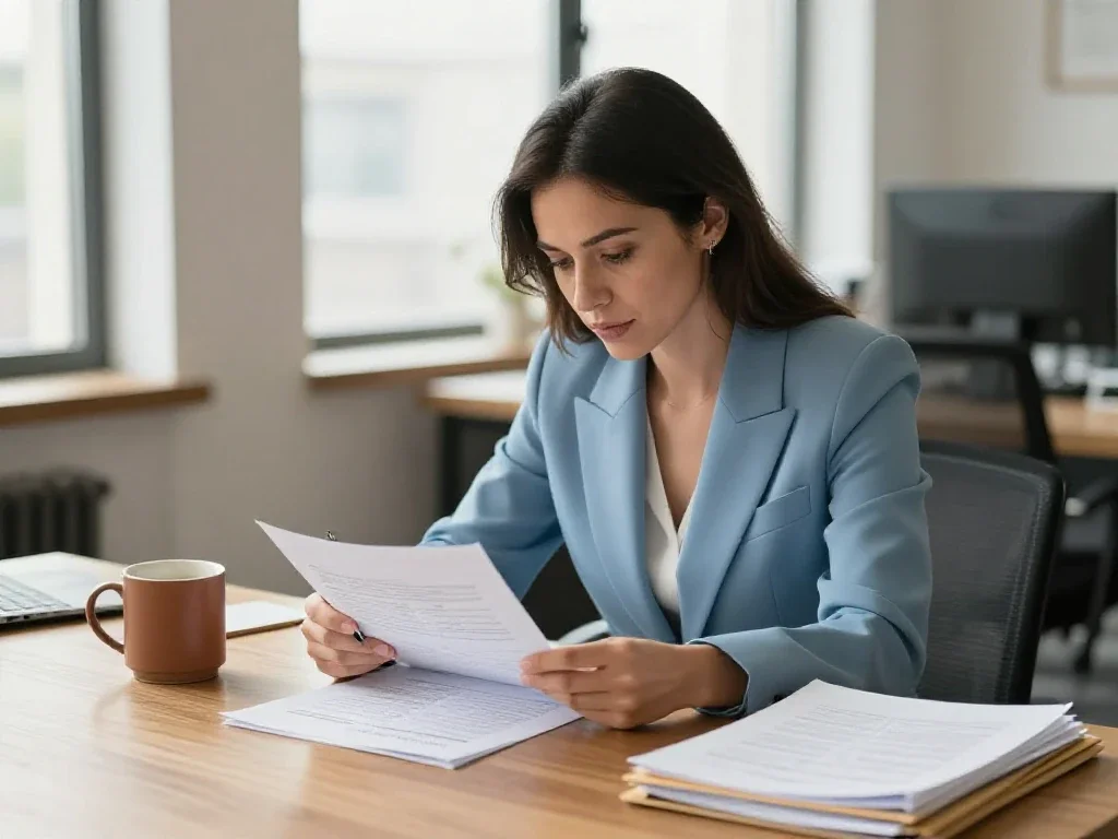 Emprendedora analizando documentos financieros para la planificación estratégica y gestión de su empresa.