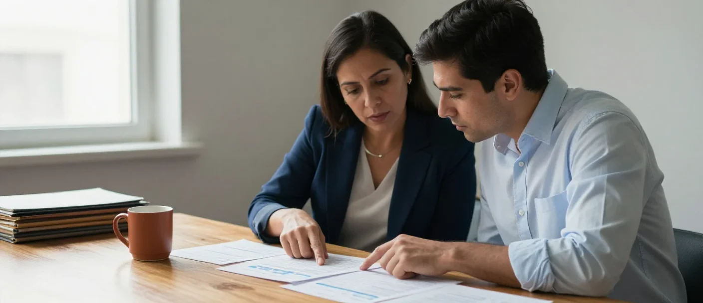Dos profesionales analizando documentos financieros en una oficina iluminada, representando la gestión empresarial con criterio.