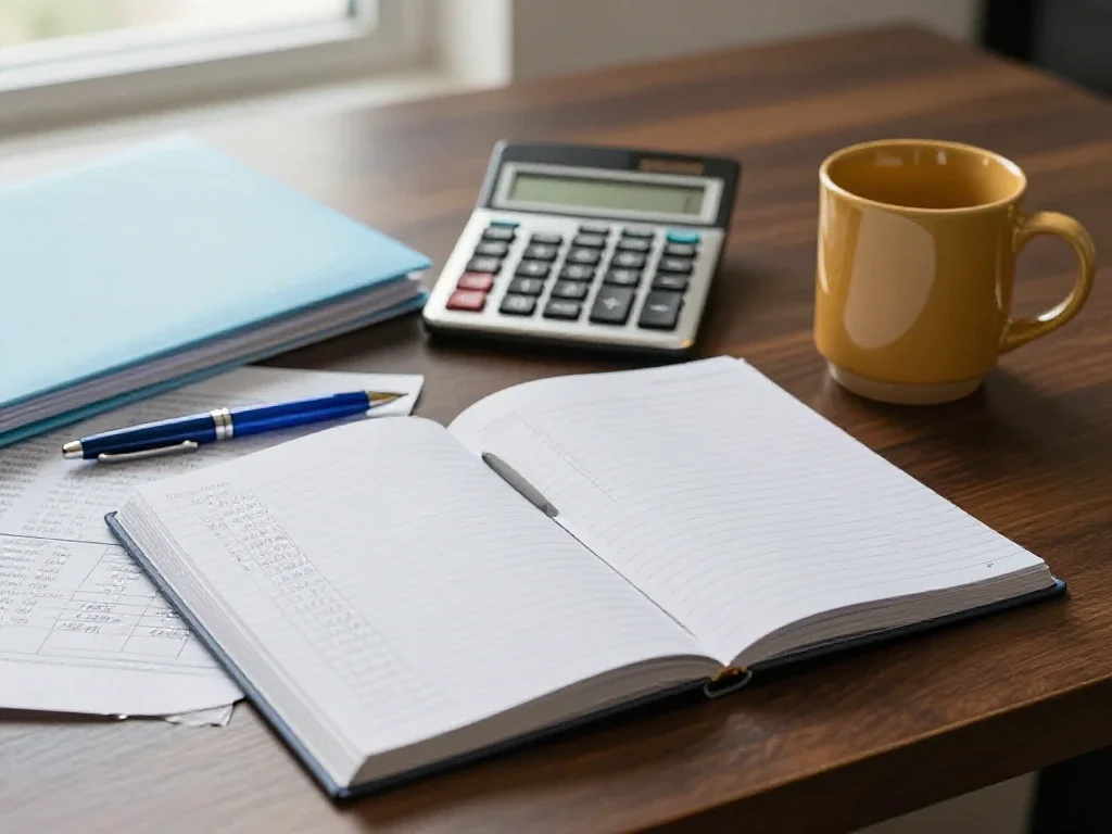 Cuaderno de tesorería y calculadora sobre escritorio para la planificación y gestión financiera empresarial.