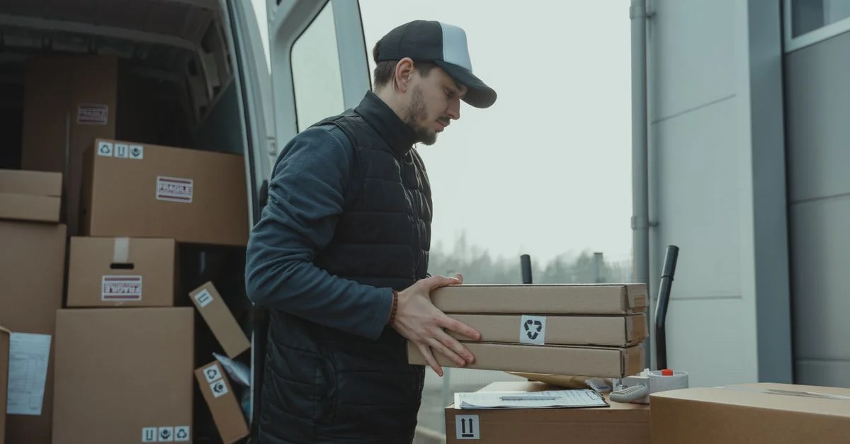 Chauffeur de livraison manipulant des cartons lors de l'expédition dans un bâtiment commercial.